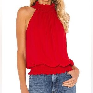 Amanda Uprichard Kimmie top in red ruffled halter neck and a smocked hem SZ L